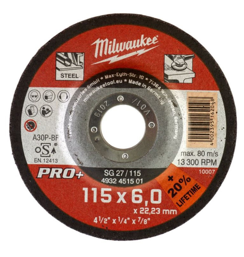 Milwaukee Metal Grinding Disc Depressed 115 X 6mm Pro+