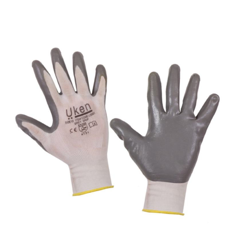 Uken Gloves nitrile grey grip 12pair in a pack