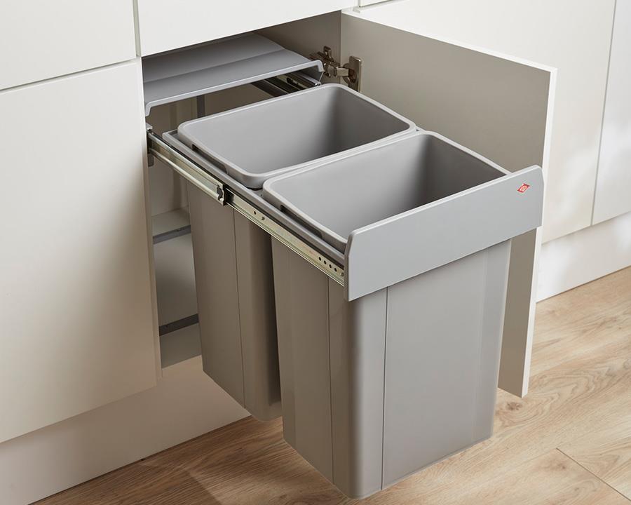 Wesco 52L (2 X 26) Hand Pull Waste Bin in Plastic. Width: 338mm. Height: 485mm. Depth: 475mm. Fits cabinets from 400mm