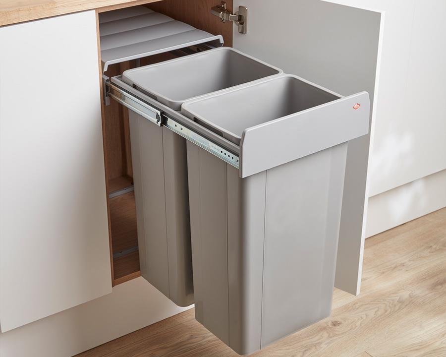 Wesco 64L (2X32L) Hand Pull Waste Bin in Plastic. Width: 338mm. Height: 585mm. Depth: 490mm. Fits cabinets from 400mm