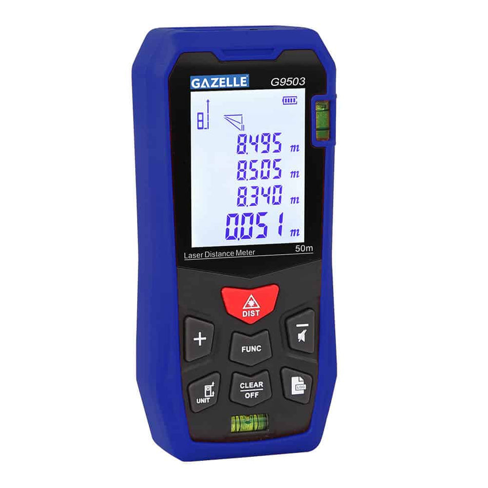 Gazelle G9503 Red Laser Distance Meter, 50m, ft/in/m Units, Front/Rear Measurement, Class 2 Red Laser, 2x 1.5V LR03 Batteries Included