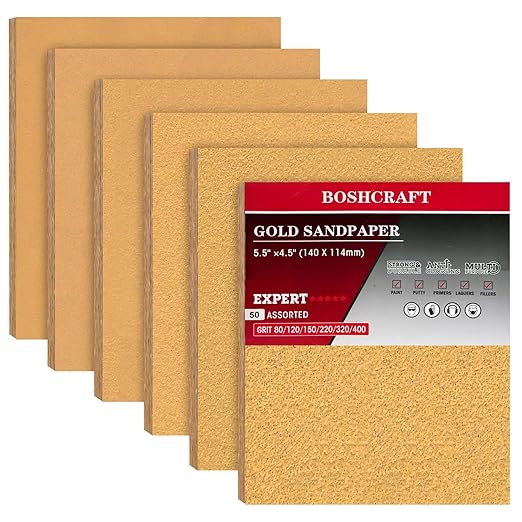 BOSHCRAFT 50 Pcs 1/4 Sheet Sandpaper, Premium Sand Paper 80/120/150/220/320/400 Grit Sandpaper Sheet Sand Paper Assortment for Wood Metal Automotive Palm Sanders 5.5" x 4.5"